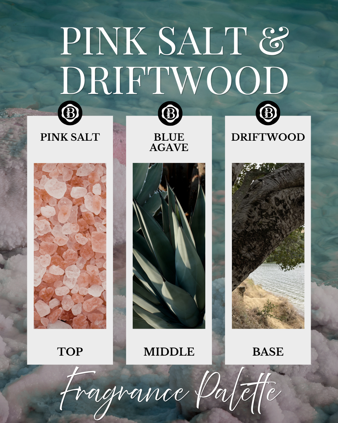 A fragrance palette graphic titled 'PINK SALT & DRIFTWOOD' with three vertical scent cards labeled 'PINK SALT', 'BLUE AGAVE', and 'DRIFTWOOD', plus 'Fragrance Palette' at the bottom over a soft pink and teal background.