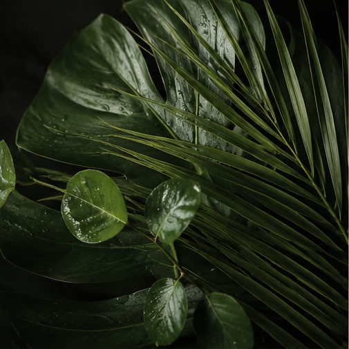 Dark green tropical leaves, including a large monstera leaf and palm fronds, glistening with water droplets against a black background for the fresh and green fragrance collection.