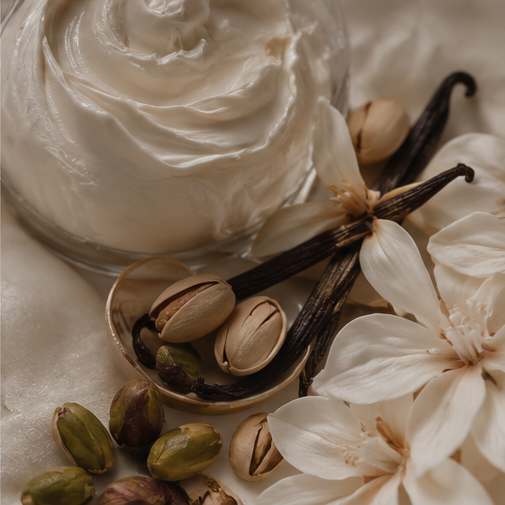 A close-up styled product shot showing a creamy off-white cosmetic or whipped cream in a glass container, surrounded by vanilla beans, pistachios, and white flowers on a soft beige fabric background for the gourmand indulgence fragrance collection.