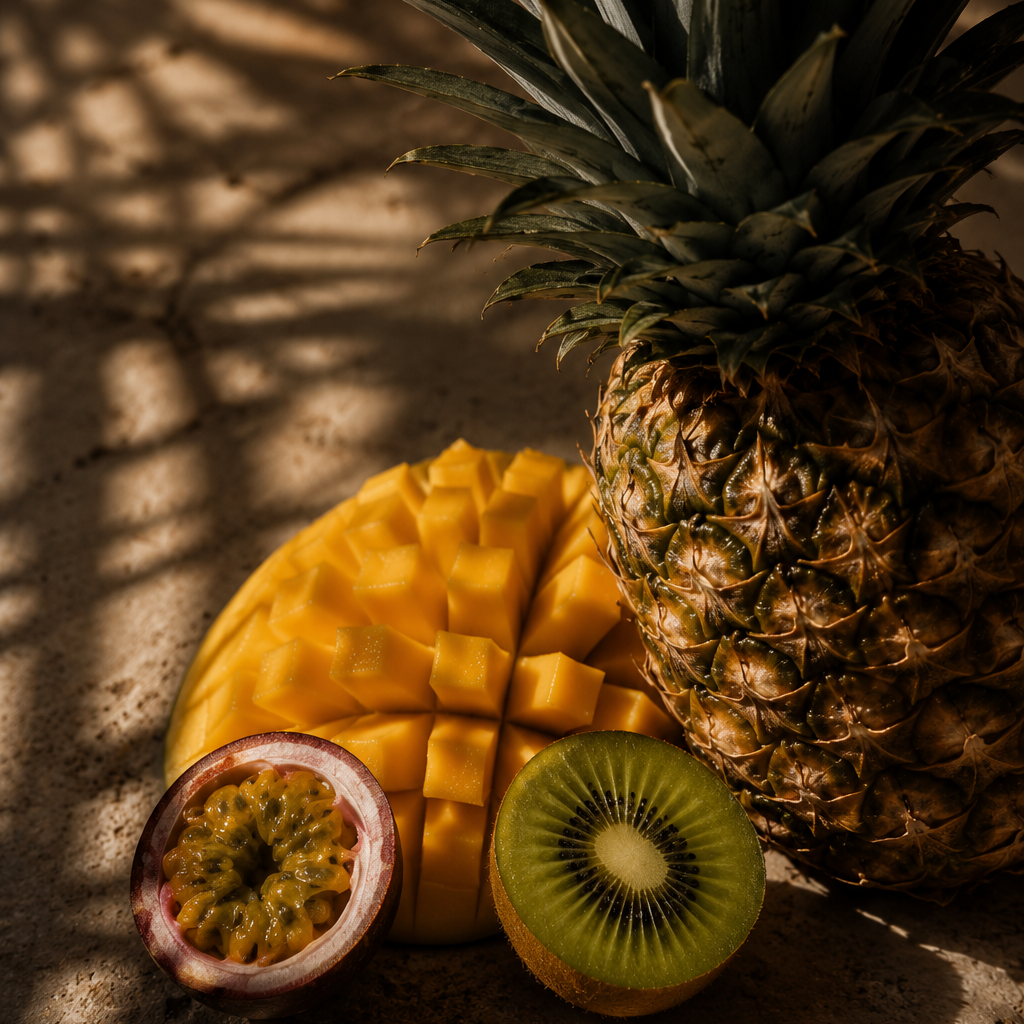 A styled fruit still life featuring a whole pineapple, a sliced mango, a halved passion fruit, and a halved kiwi on a textured surface with dramatic leaf shadows for the sunlit fruits fragrance collection.
