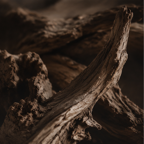 Close-up of rough, weathered driftwood or a large piece of natural wood with deep brown and tan tones, photographed in moody low light for the woods & resins fragrance collection.