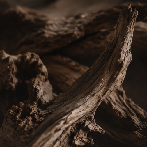 Close-up of rough, weathered driftwood or a large piece of natural wood with deep brown and tan tones, photographed in moody low light for the woods & resins fragrance collection.